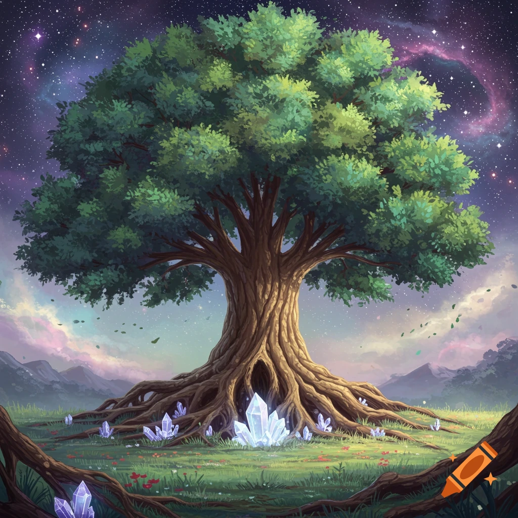 Vibrant fantasy art of a majestic Tree of Life with glowing crystals at its roots, set in a lush field under a starry galaxy sky.