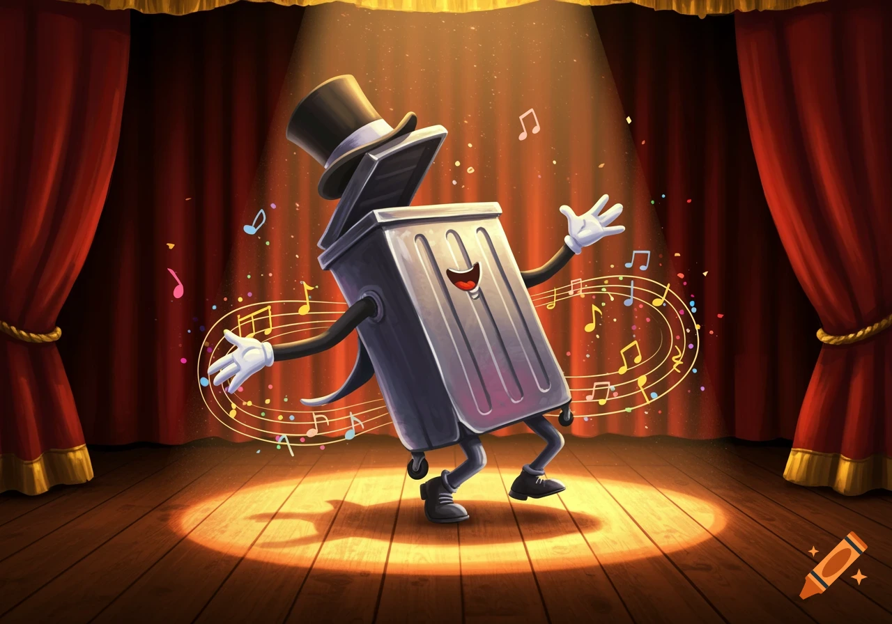A happy cartoon trash can wearing a top hat dances on a spotlighted wooden stage surrounded by musical notes.