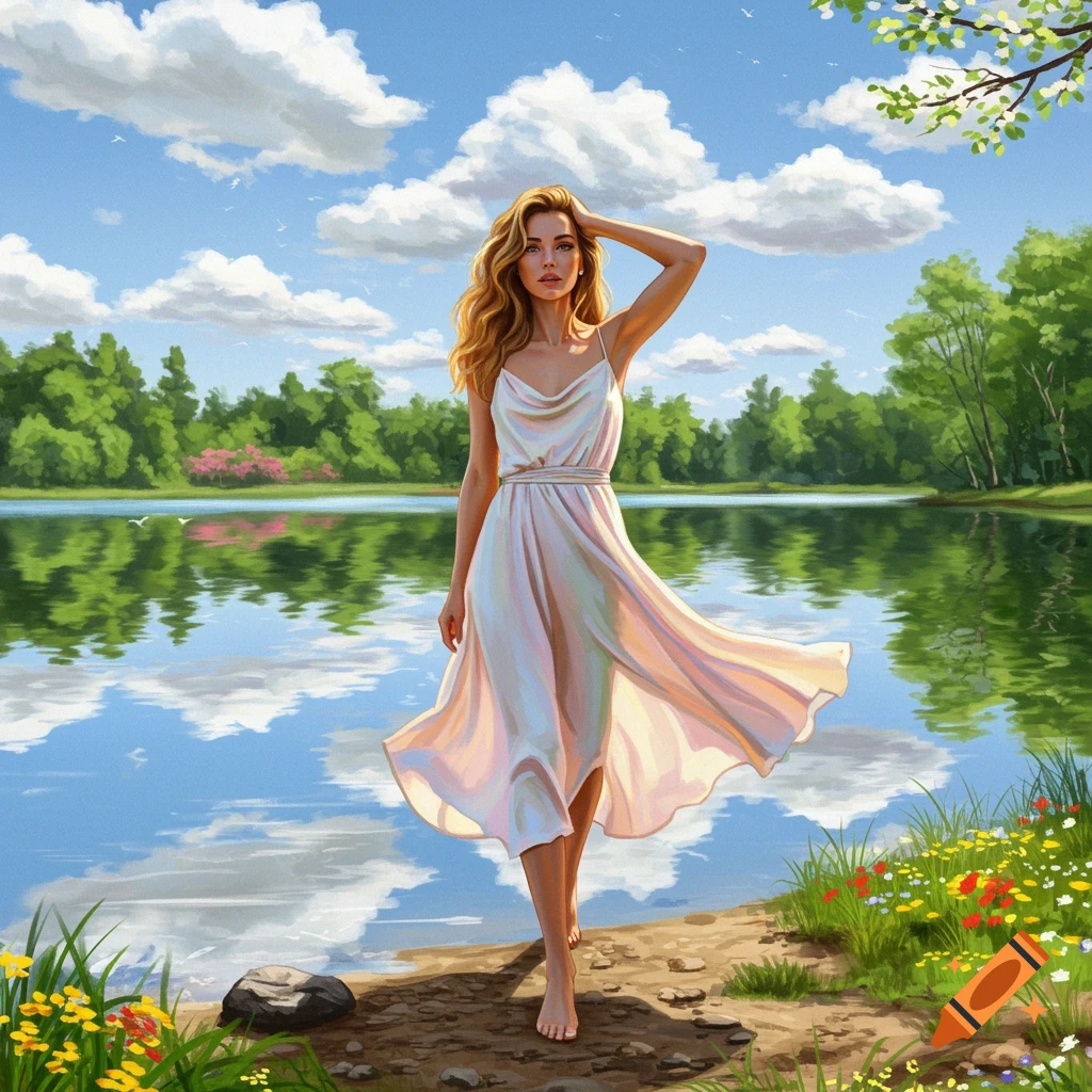 Digital painting of a woman in a flowing white dress standing barefoot by a lake under a blue sky with clouds.