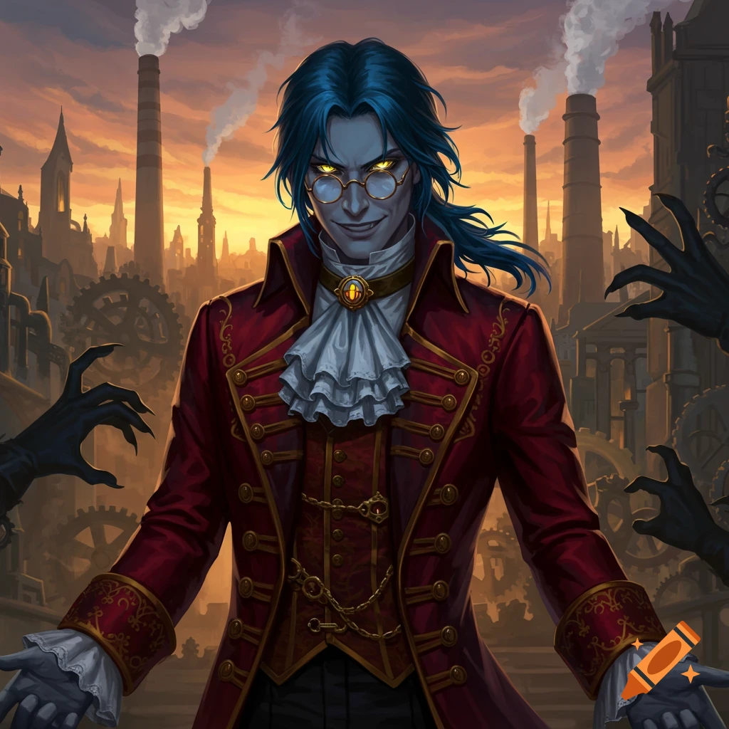 A man in a red Victorian steampunk coat with dark blue hair, black glasses, bright yellow eyes, and a devilish smirk stands against a steampunk city at sunset.