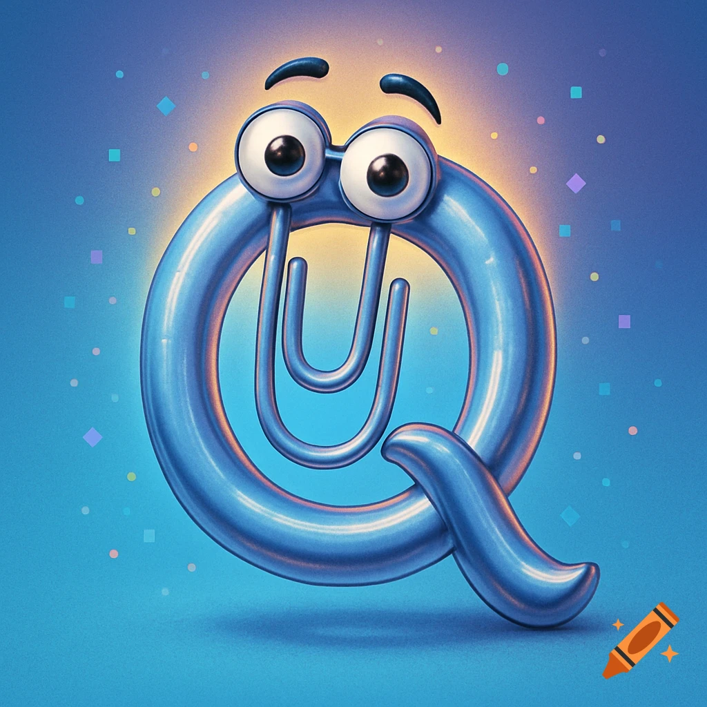A blue, glossy character resembling Microsoft Clippy is shaped like the letter Q, with googly eyes and eyebrows, glowing.