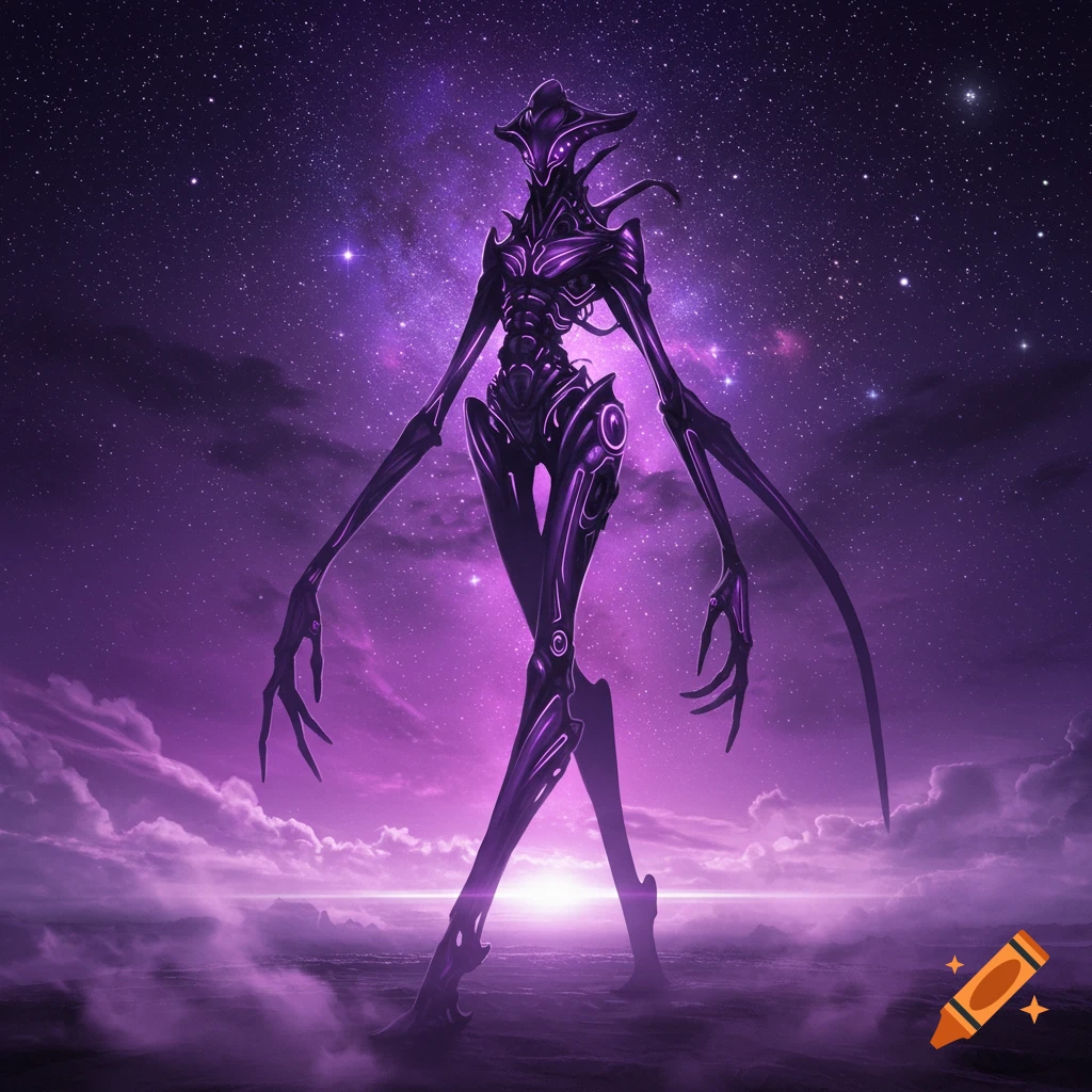 A lanky, purple alien mecha stands on a misty landscape under a starry, purple night sky.
