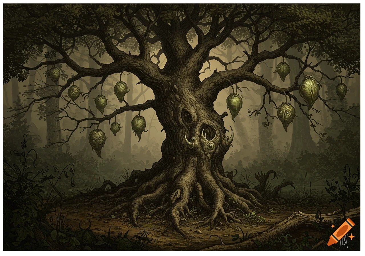 A dark, gnarled ancient tree with glowing, eye-like fruits hangs in a misty, overgrown forest in a detailed art style.