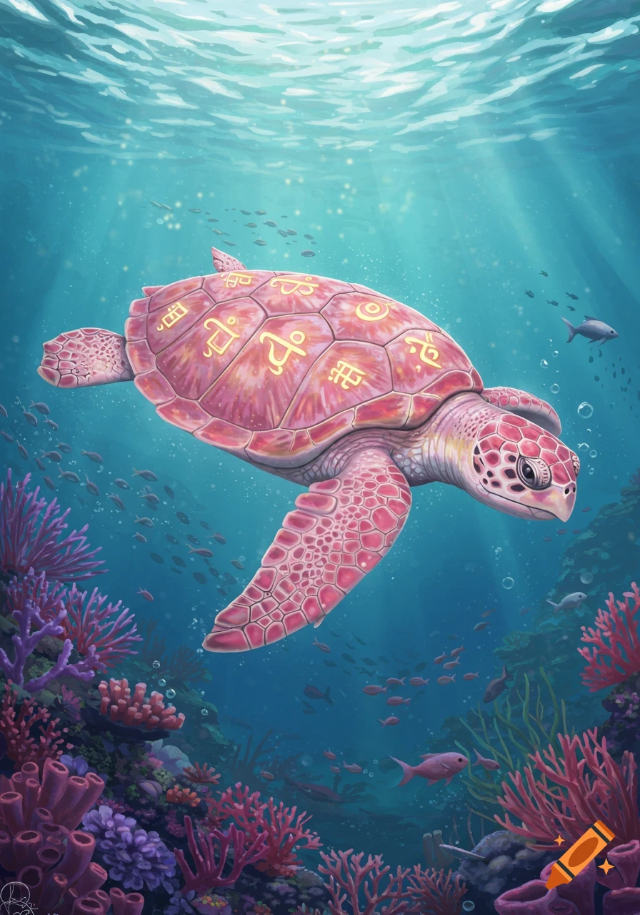 A pink turtle with golden symbols on its shell swims underwater amidst coral reefs and small fish, with light rays from the surface.