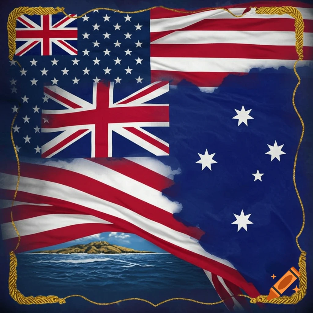 A conceptual flag combining elements of the American, British, and Australian flags, with a small island visible at the bottom.