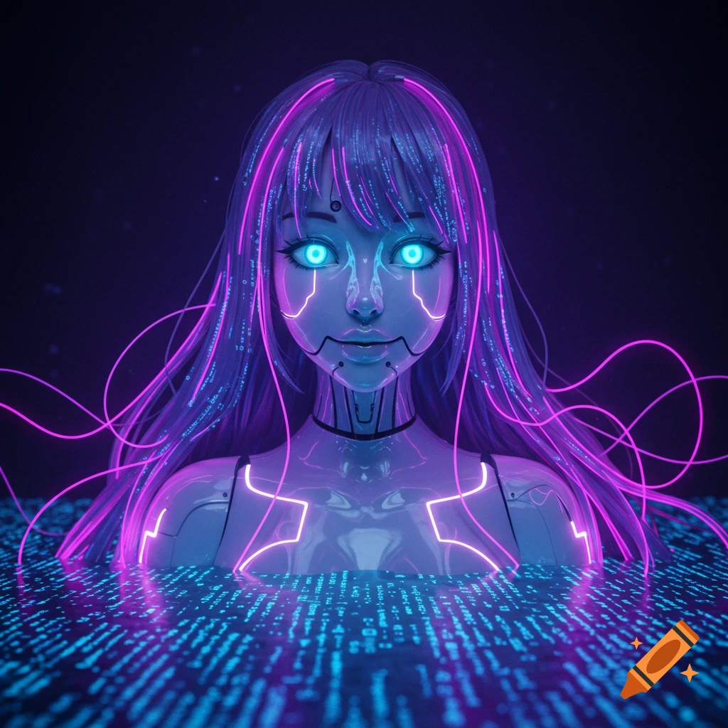 A neon-lit futuristic robot girl with glowing blue eyes and purple circuits, emerging from a pool of blue digital code.