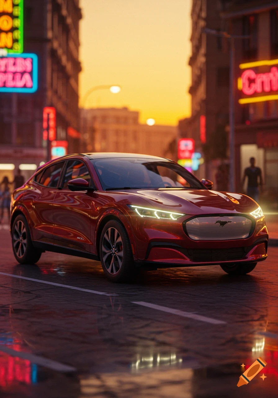 A red Ford Mustang Mach-E is parked on a wet city street at sunset, with blurry neon signs reflected on the ground.