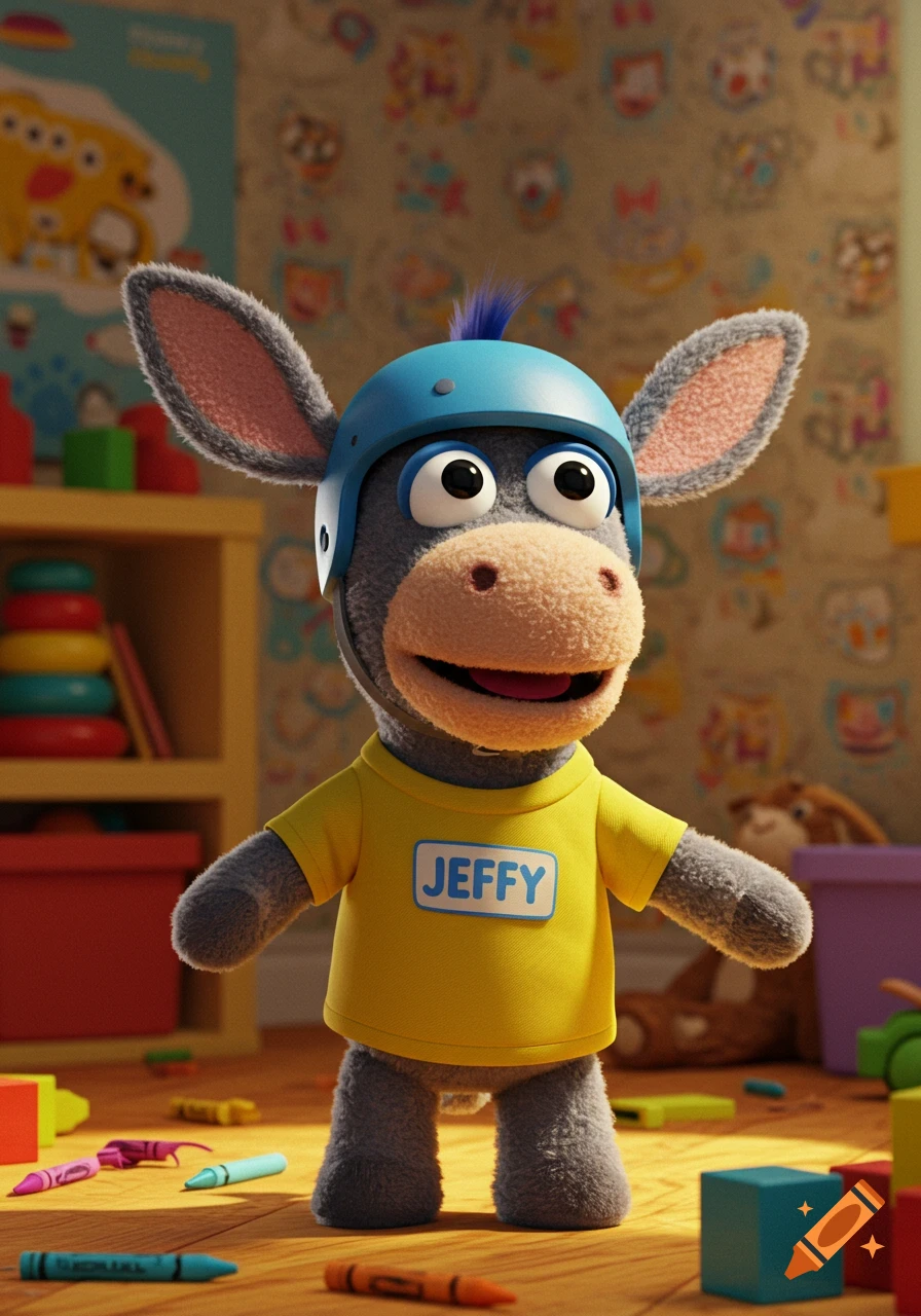 A grey plush donkey wearing a blue helmet and a yellow shirt with 'JEFFY' on it stands in a toy-filled room.