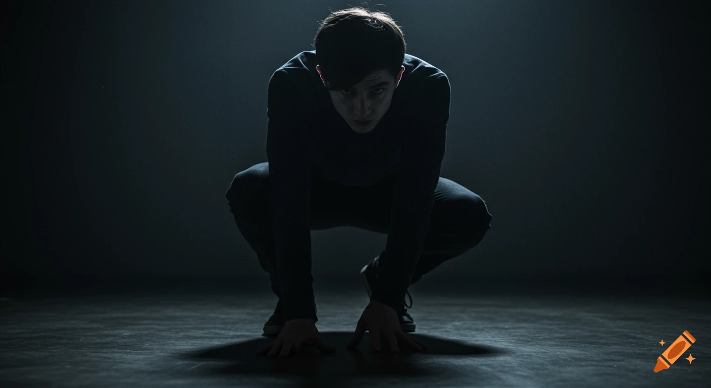 A young man crouches in a dark, moody setting with top lighting and dramatic shadows.