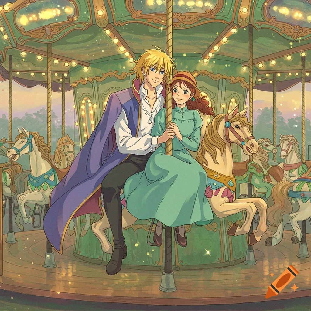 Anime characters Howl and Sophie from Howl's Moving Castle sitting together on a sparkling merry-go-round.