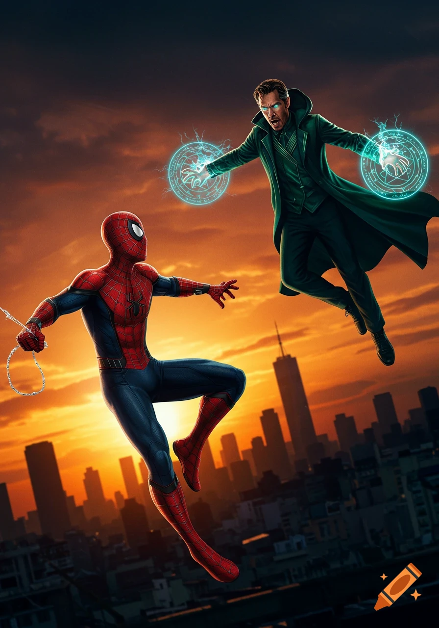 Spider-Man and Doctor Strange floating above a city at sunset, with Doctor Strange casting a magical spell.
