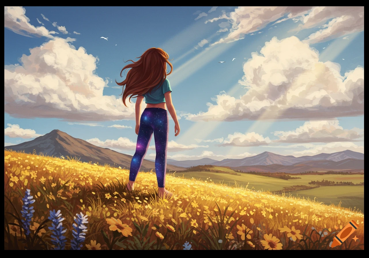 Illustrated girl with long hair and galaxy leggings stands on a flower-filled hill, gazing at mountains under a sun-dappled sky.