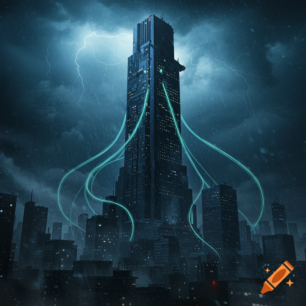 A towering, dark futuristic skyscraper with glowing blue lines, set against a stormy, lightning-filled sky over a dark cityscape.