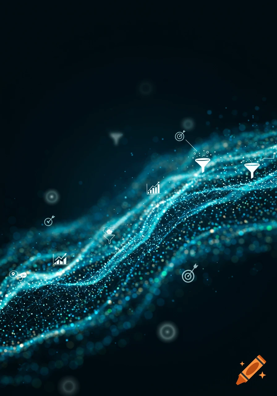 Abstract graphic of glowing blue particles forming a wavy stream with white icons of charts, funnels, and targets on a dark background.