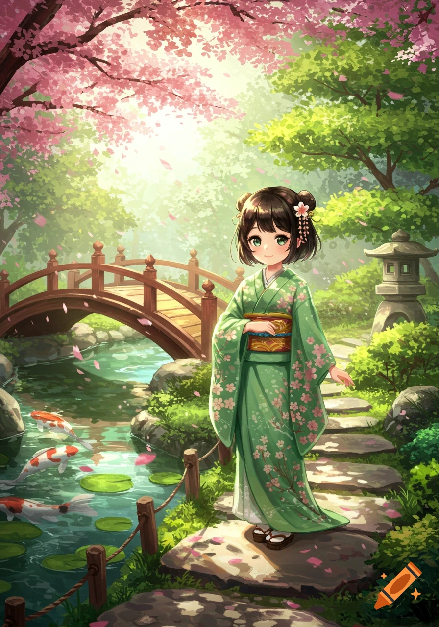 Cute anime girl in a green kimono standing in a vibrant Japanese garden with cherry blossoms, a wooden bridge, and a koi pond.