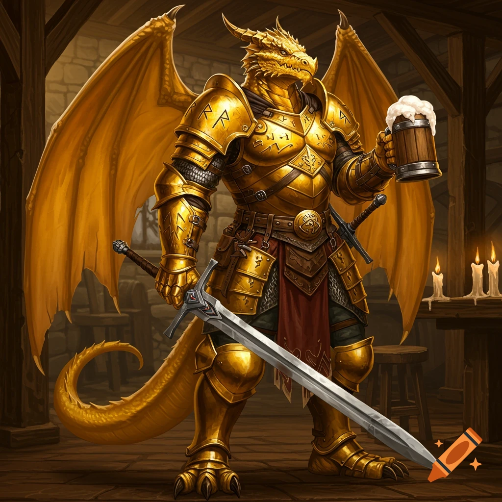 A Golden Dragonborn Paladin in ornate golden armor holds a large sword and a mug of frothy ale in a dimly lit tavern.