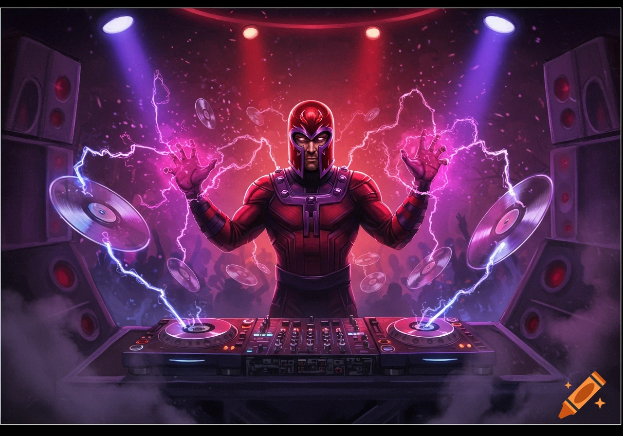 Magneto as a DJ on a stage, wearing his classic suit, emitting purple lightning with floating vinyl records. Comic art style.