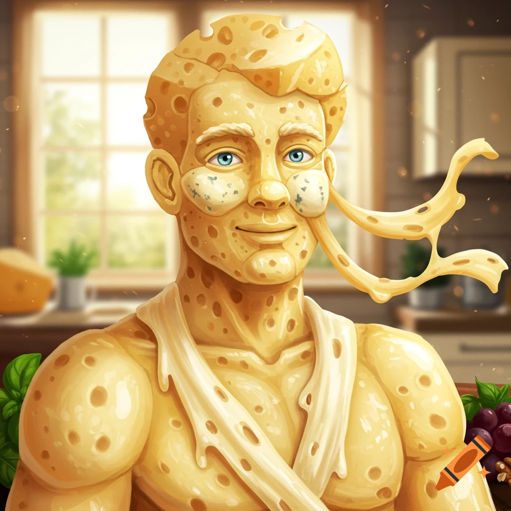 A whimsical man made of yellow cheese with holes and blue eyes, standing in a kitchen with melted cheese strands.