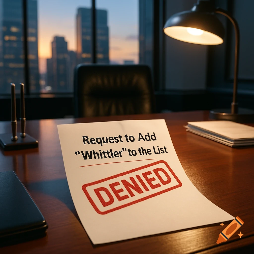 A paper on an office desk reads 'Request to Add "Whittler" to the List' with a large red 'DENIED' stamp, overlooking a city skyline at dusk.