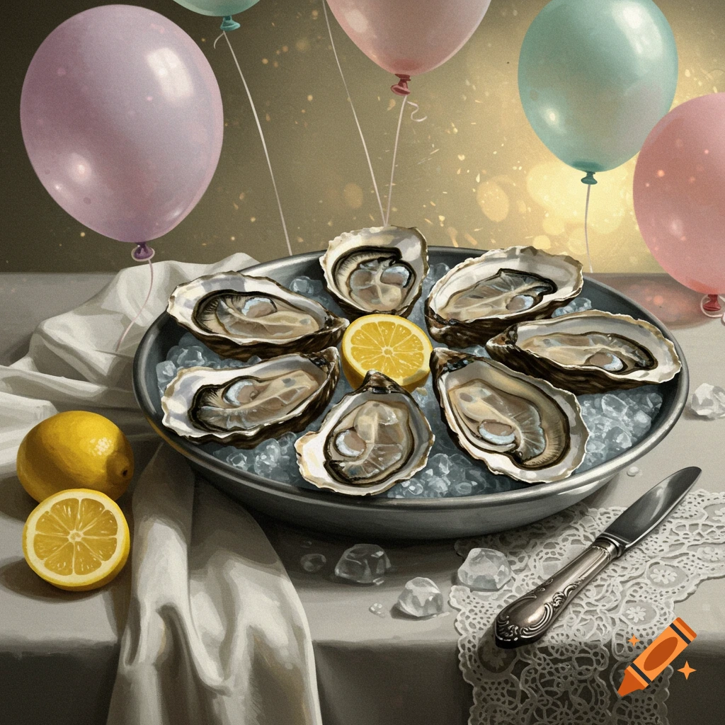 A still life of oysters on ice with lemons and balloons on a table with a white cloth and knife.