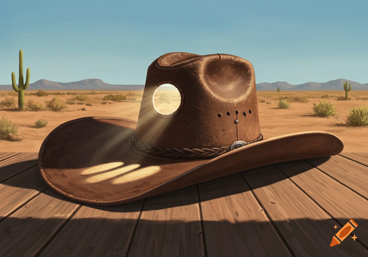 A brown cowboy hat with a circular hole letting sunlight through, resting on a wooden surface in a desert landscape.