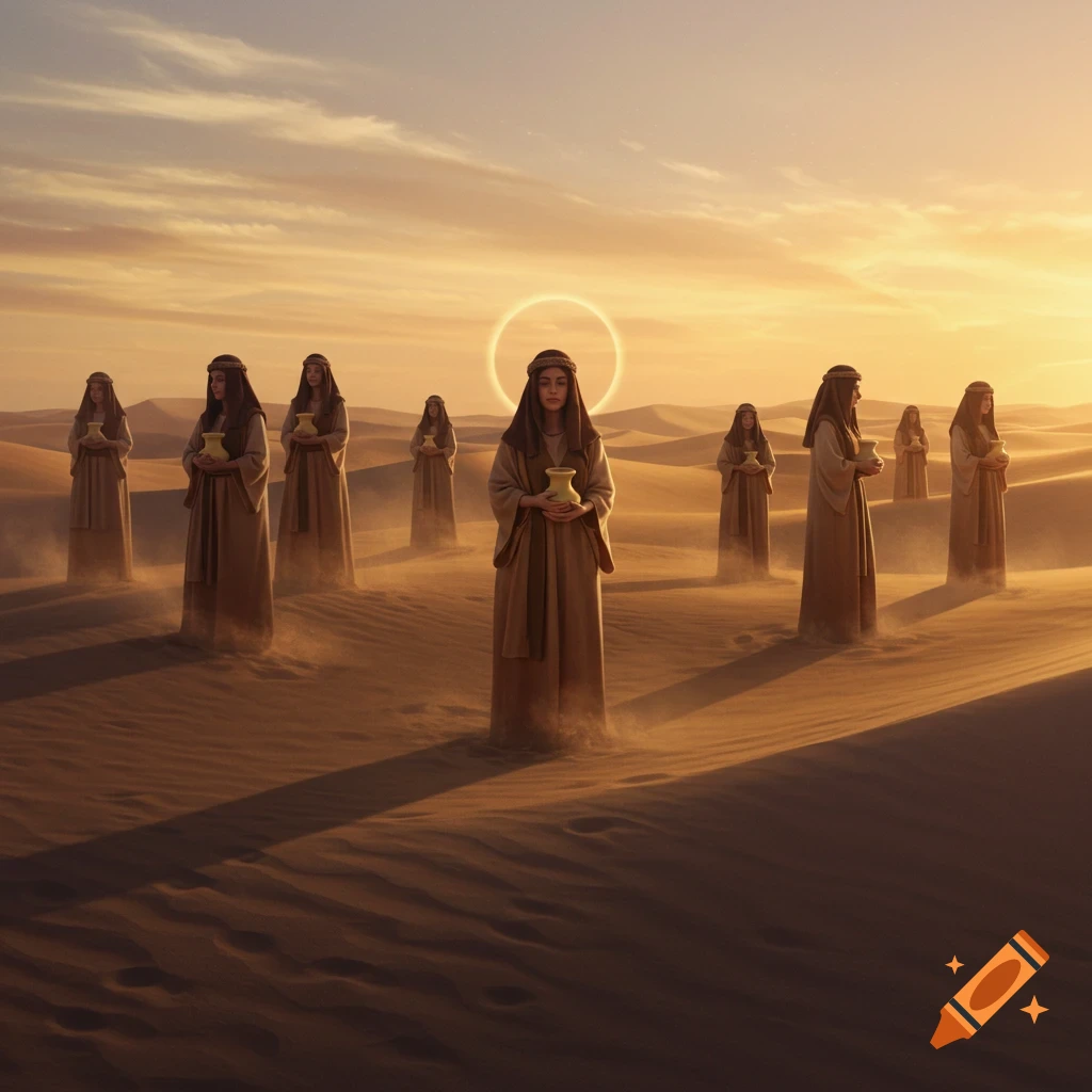 Multiple women in robes hold vessels in a vast desert landscape at sunset, with a halo of light around one central figure.
