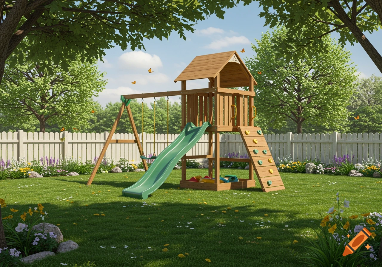 A photorealistic image of a wooden children's playset with a green slide and swings on a lush green lawn, surrounded by a white picket fence, colorful flowers, and trees.