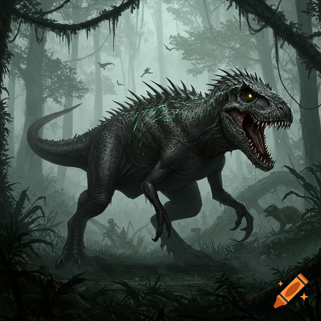 A massive, dark gray dinosaur hybrid with glowing yellow eyes and venomous quills stalks prey in a foggy jungle, cinematic style.