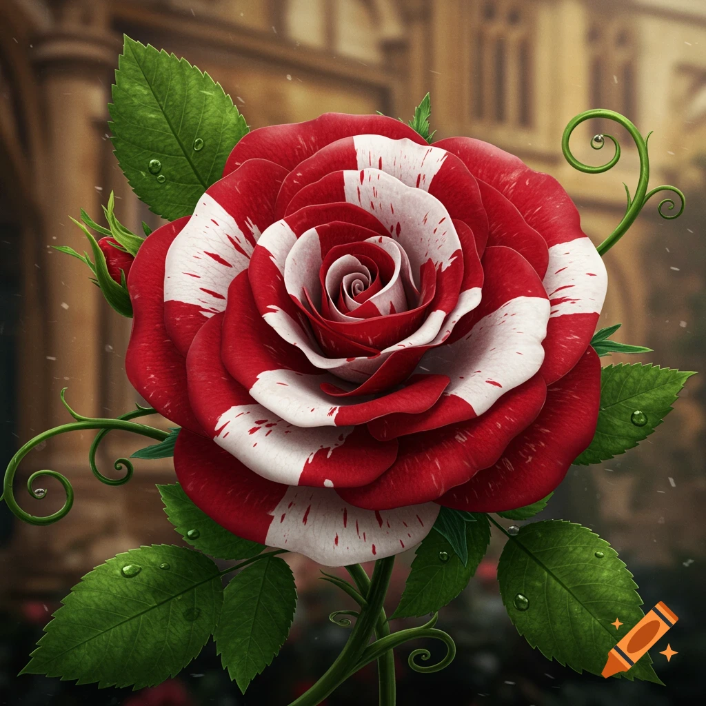 A vibrant red and white striped rose with green leaves and water droplets, set against a blurred historical building.