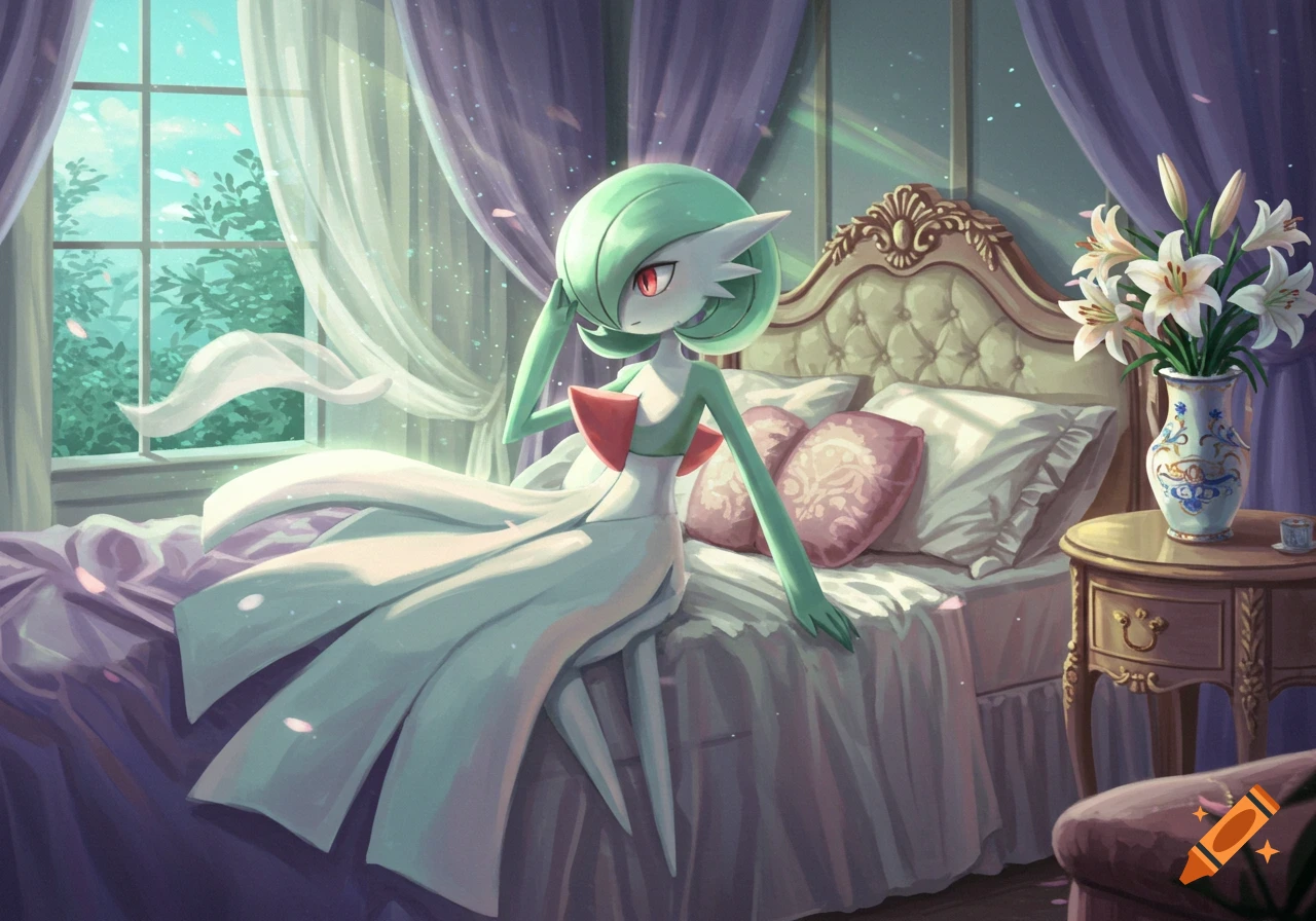 Gardevoir sitting on a luxurious bed in a brightly lit bedroom with purple curtains and a vase of lilies.