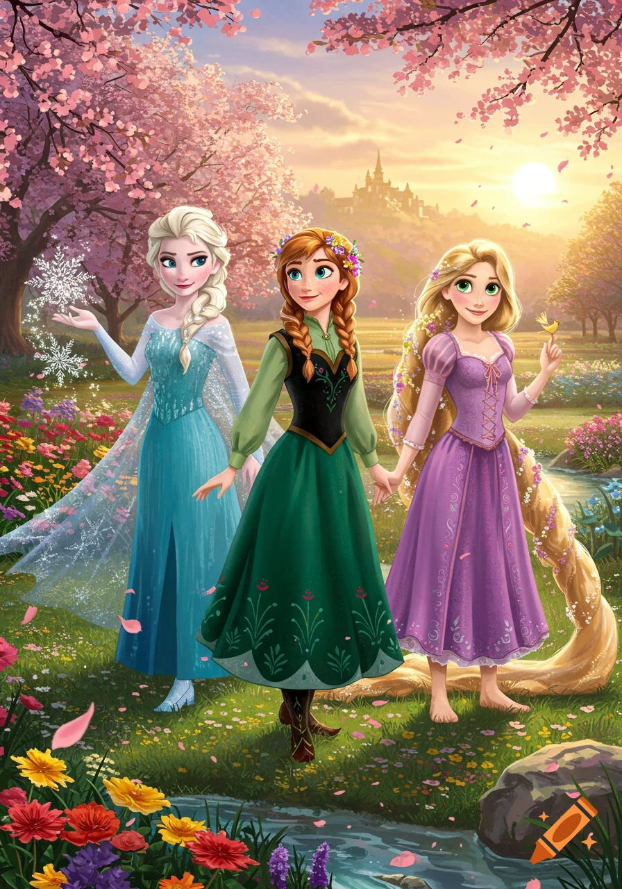 Elsa, Anna, and Rapunzel stand together in a vibrant spring meadow with cherry blossoms and a distant castle at sunset. Elsa holds snowflakes, Rapunzel holds a small bird.