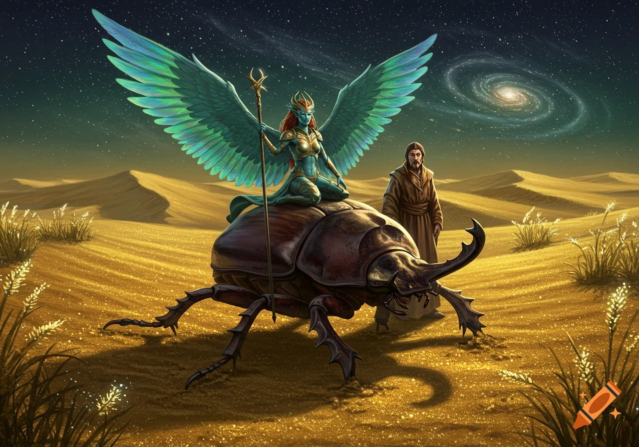 A winged humanoid rides a giant beetle in a golden desert at night, with a man standing by and a spiral galaxy in the sky. Fantasy art.