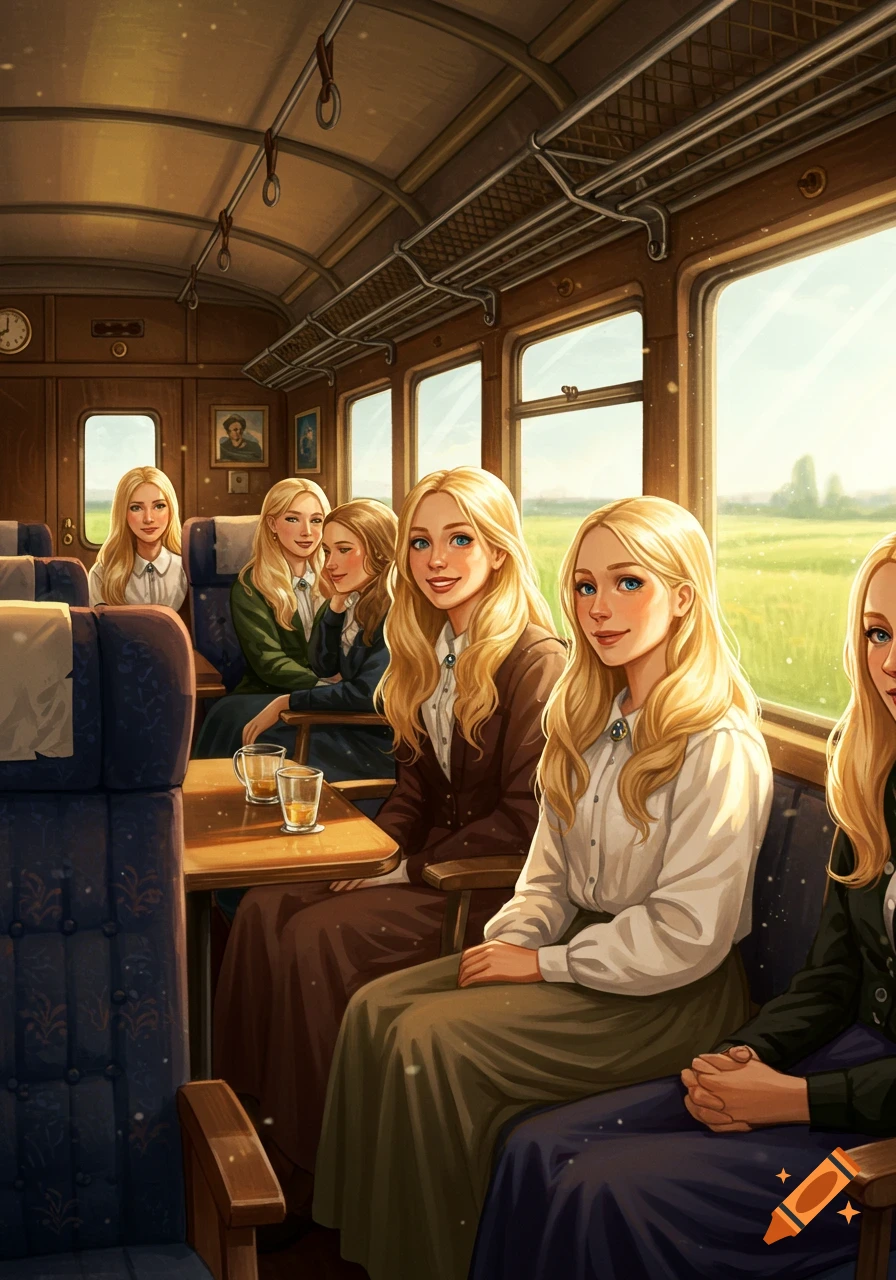 Several young blonde women with blue eyes sit inside a vintage train carriage, looking forward as a sunny, green landscape passes by outside the windows.