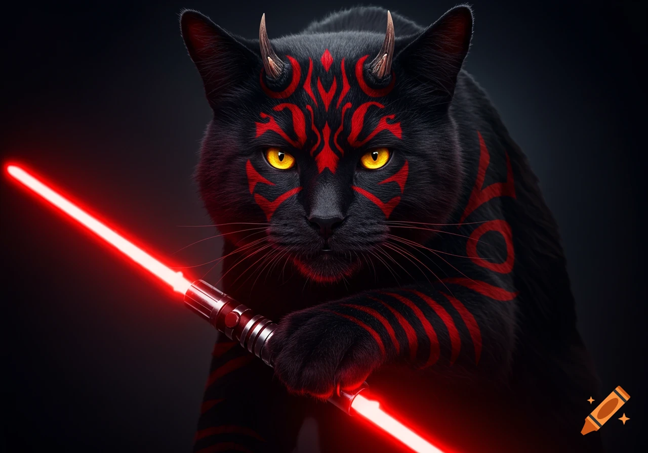 A fierce black cat with red tribal markings, yellow eyes, and small horns, holding a glowing red lightsaber against a dark background.