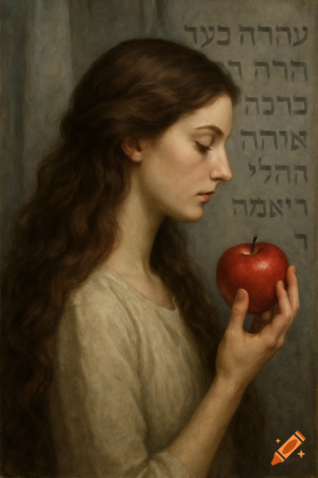 Classical painting of a woman with long hair in profile, holding a red apple. Hebrew text on a grey curtain behind her.