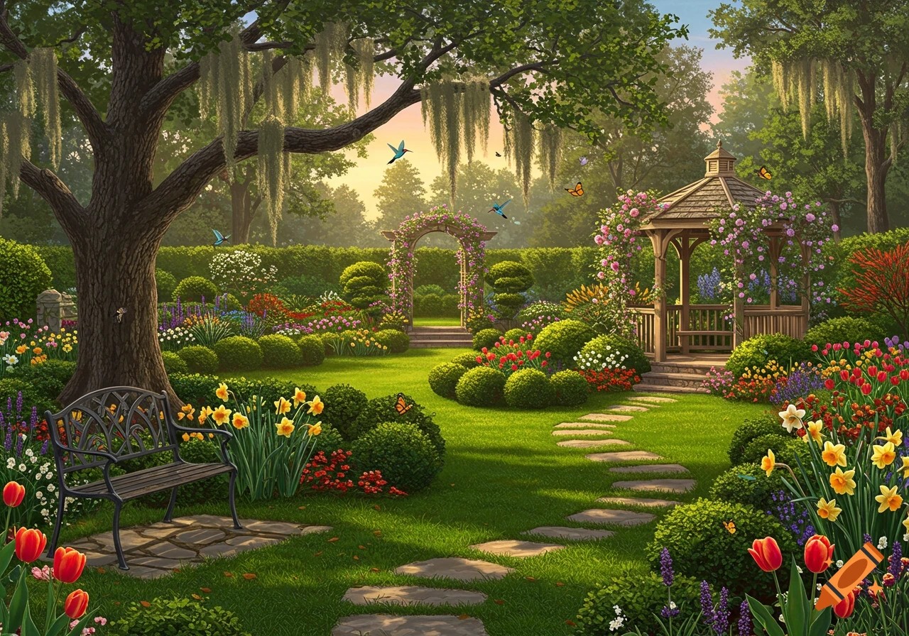 A lush, colorful garden with a wooden gazebo covered in roses, a winding stone path, a large tree with Spanish moss, a bench, and various flowers like tulips and daffodils.