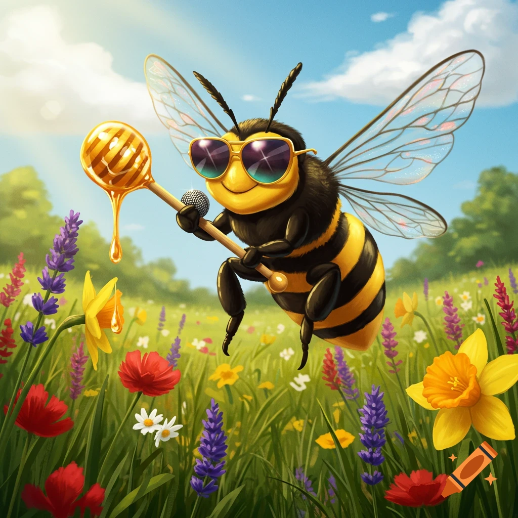 A cool cartoon bee wearing sunglasses flies over a field of colorful flowers, holding a dripping honey dipper like a microphone.