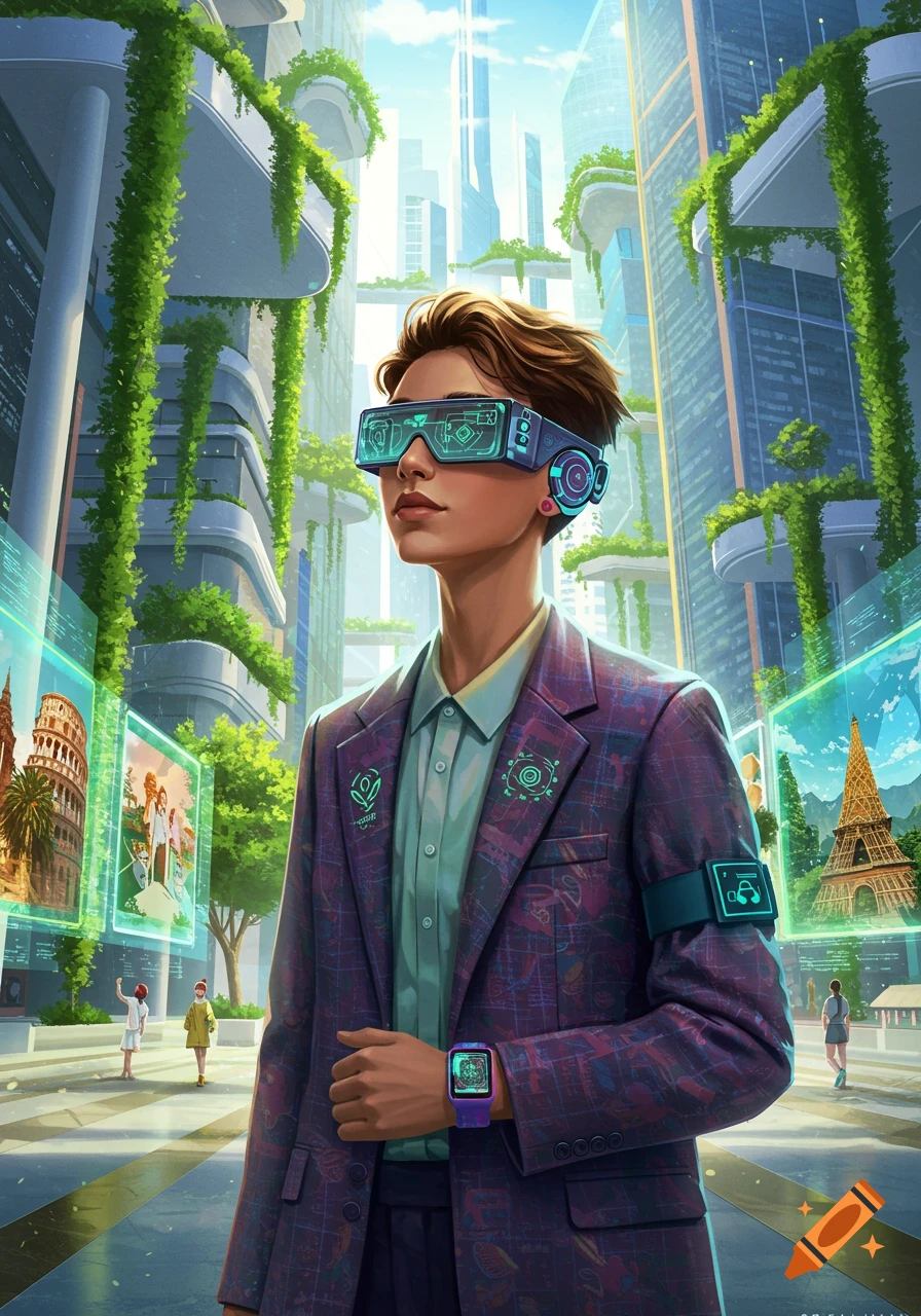 A person wearing futuristic VR glasses and a stylish suit stands in a vibrant, green-infused city with holographic screens displaying landmarks.