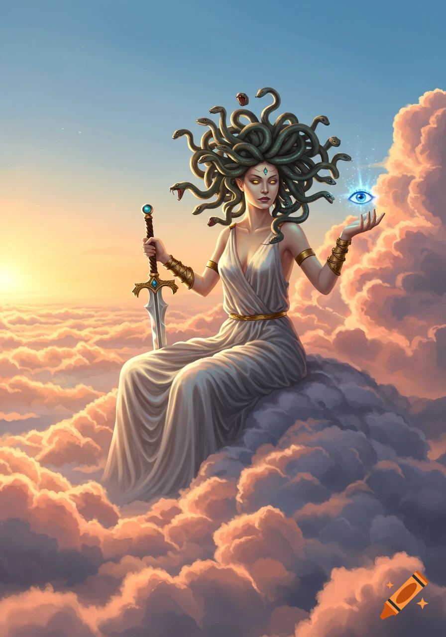 Medusa sits on clouds at sunset, holding a sword and a glowing blue eye symbol.