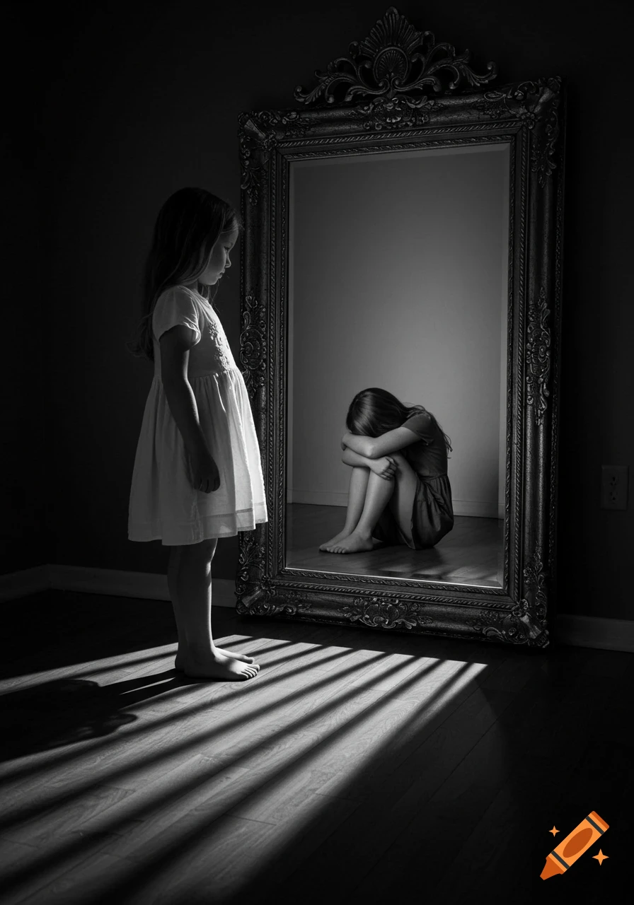 A black and white photograph of a young girl standing before a mirror, her reflection shows her curled up, head down.