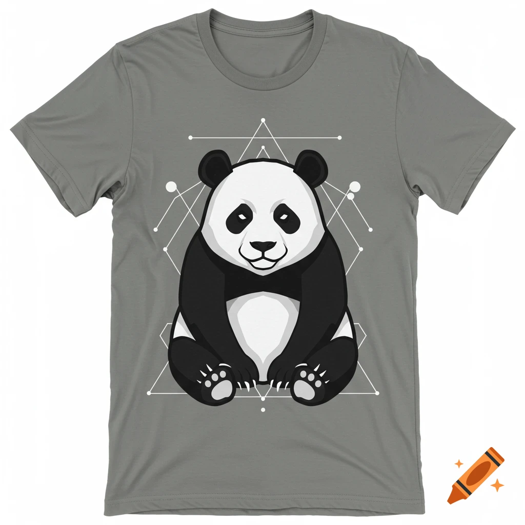 A grey t-shirt featuring a cute cartoon panda sitting upright, surrounded by white geometric lines and shapes.