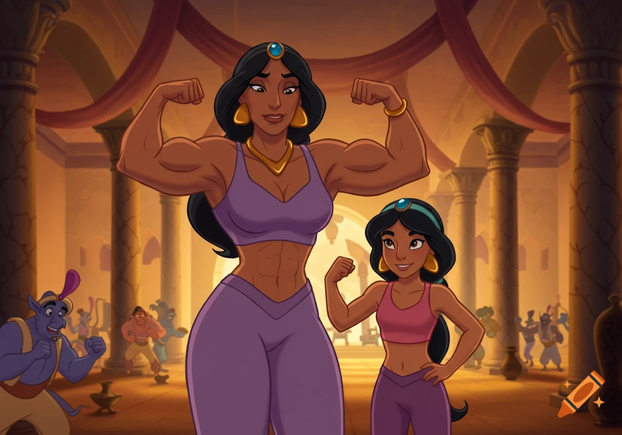 Cartoon of a muscular Jasmine's mom flexing her biceps next to a smaller Jasmine also flexing, in an Arabian gym.