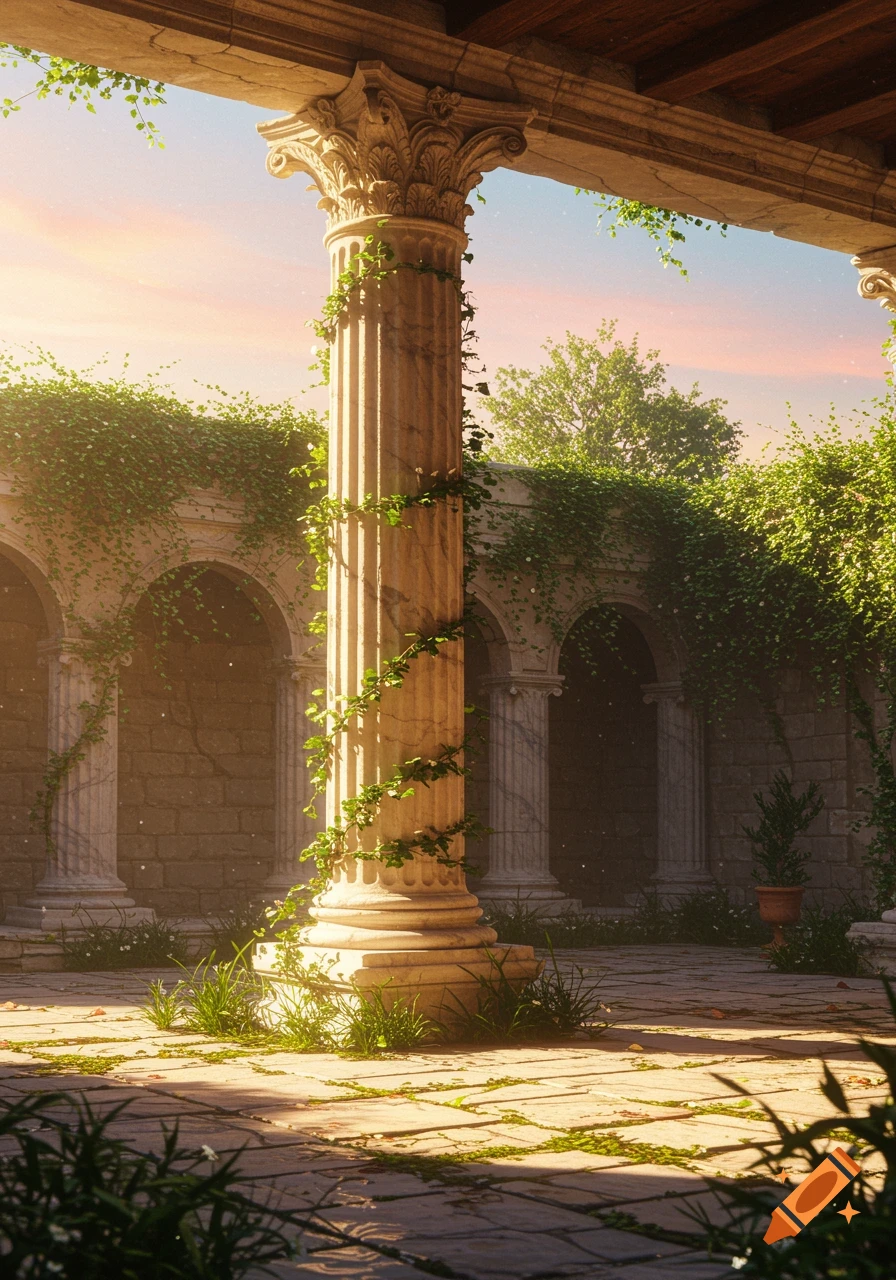 A sunlit ancient stone courtyard with a large Corinthian column draped in ivy, surrounded by arched structures.
