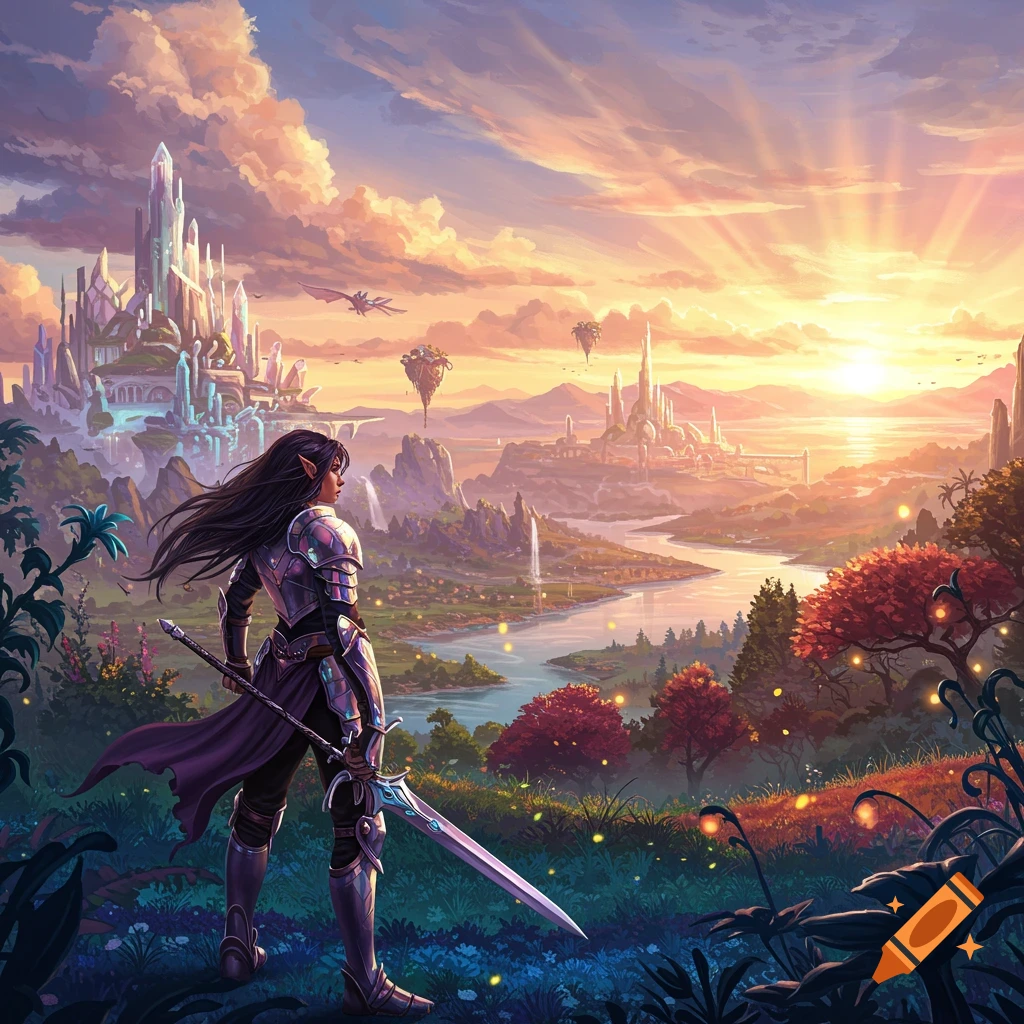 Elf warrior in armor with a sword overlooks a fantastical landscape with glowing castles, river, and sunset.