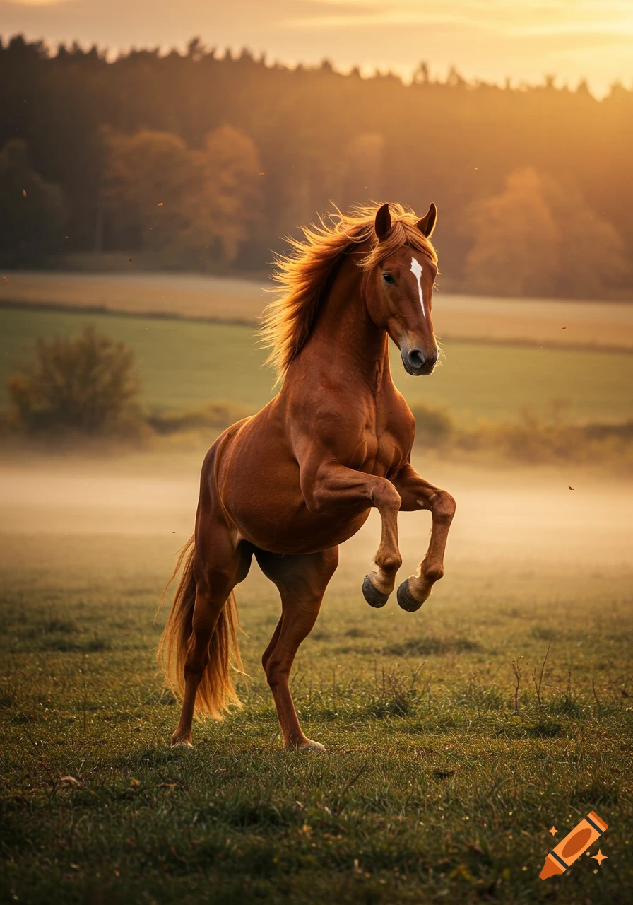 A majestic brown horse rears in a misty field during sunset, its mane glowing in the warm light.