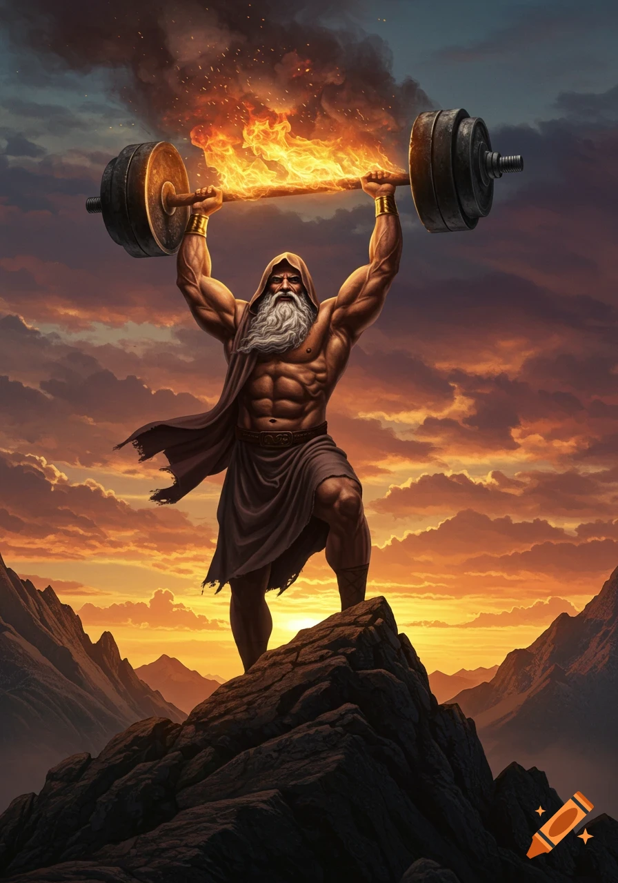 A muscular, bearded man in a hooded robe holds a flaming barbell above his head on a mountain peak at sunset.