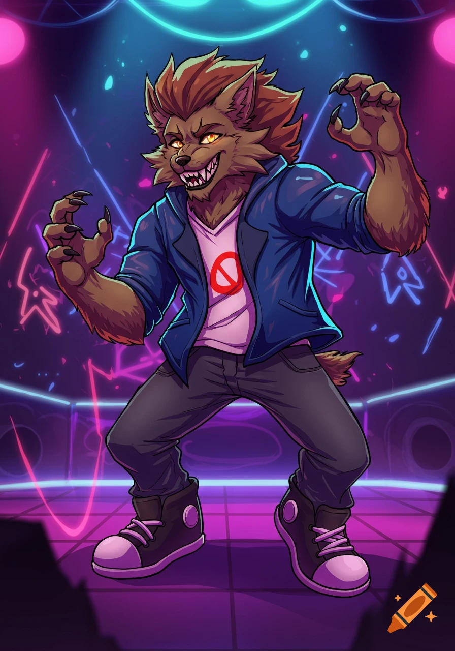 A stylized male werewolf character from Friday Night Funkin' in a blue jacket and pink shirt on a neon stage.