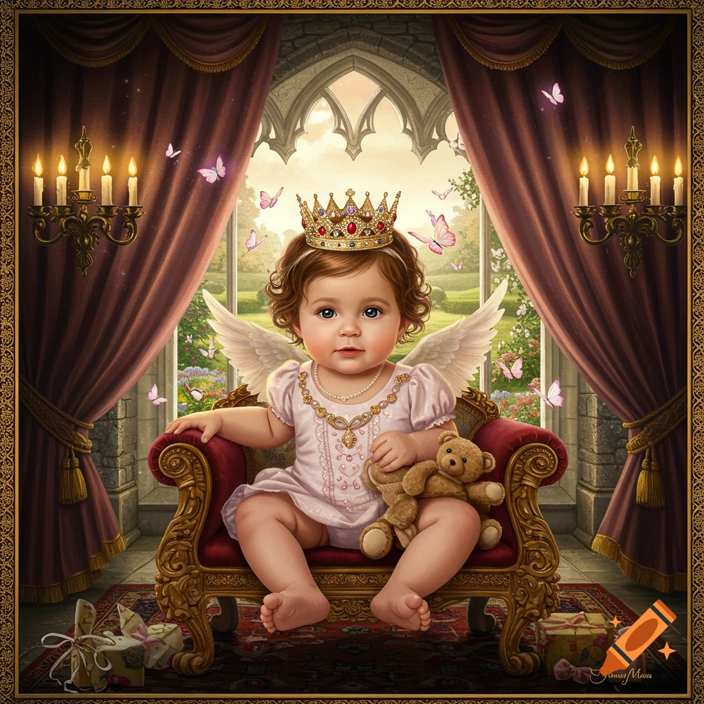 A cute baby princess with a gold crown and angel wings sits on a red throne, holding a teddy bear. Butterflies flutter by a castle window.