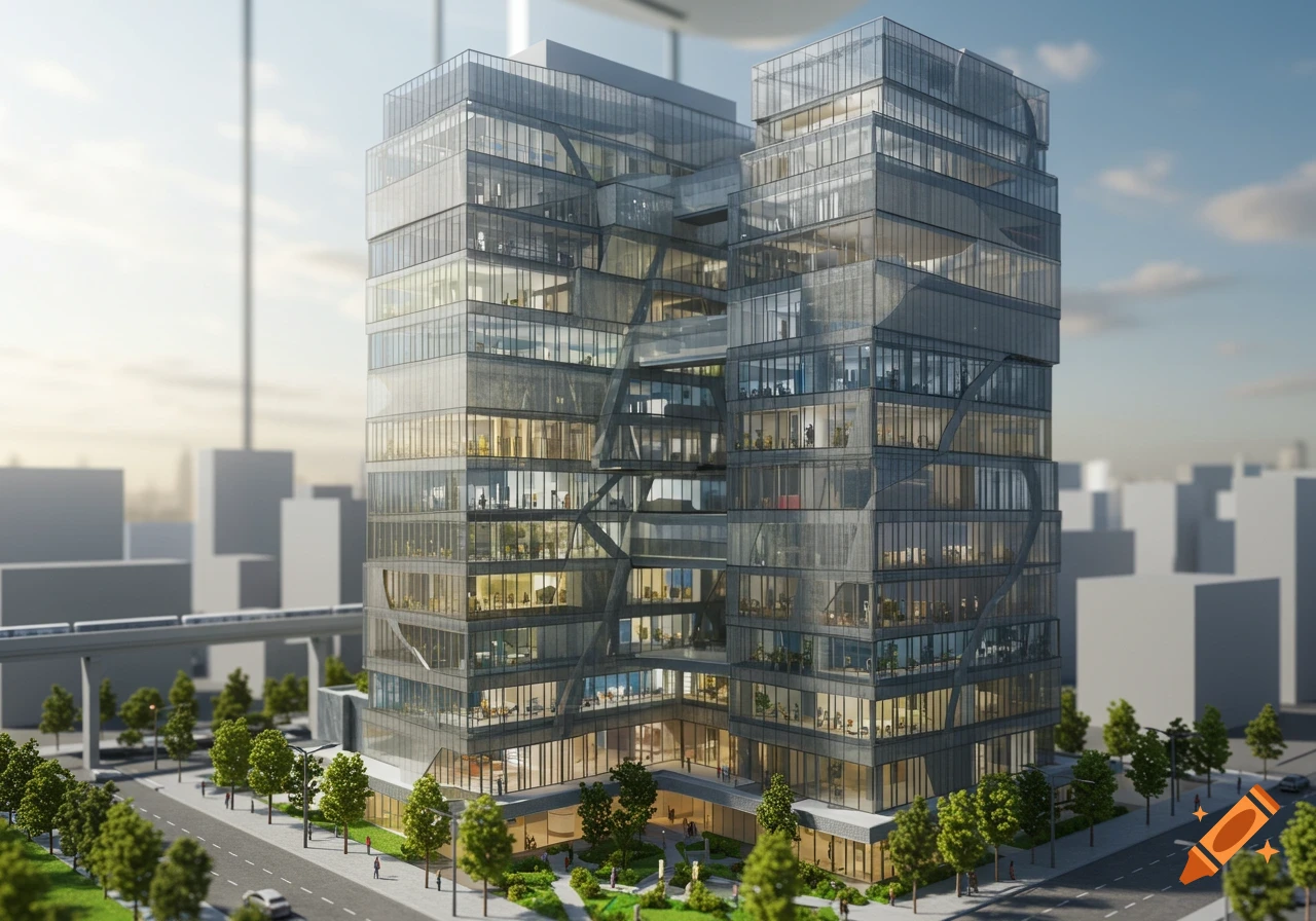 A photorealistic miniature model of a futuristic glass and concrete office building in a city with trees and streets.