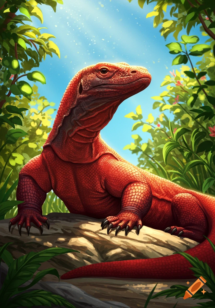 A vibrant red Komodo dragon rests on a log in a sun-dappled tropical jungle under a blue sky.